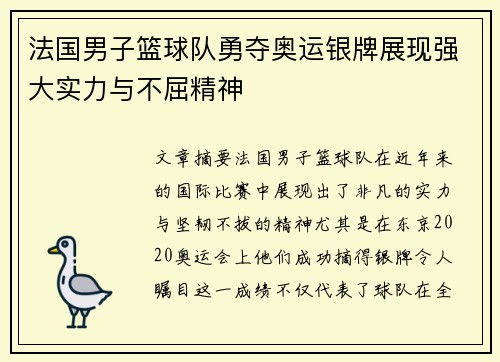 法国男子篮球队勇夺奥运银牌展现强大实力与不屈精神